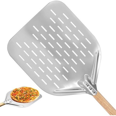 Pelle à pizza grande, perforée (40 × 30 cm), avec manche en bois amovible de 38 cm pour pierres à pizza. (1/5)
