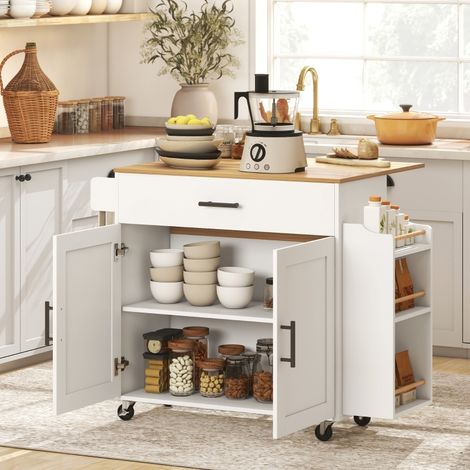 Carro de Cocina con 1 Cajón, Armario de 2 Puertas, Encimera Plegable, Especiero, Cocina, Madera, Blanco (1/3)
