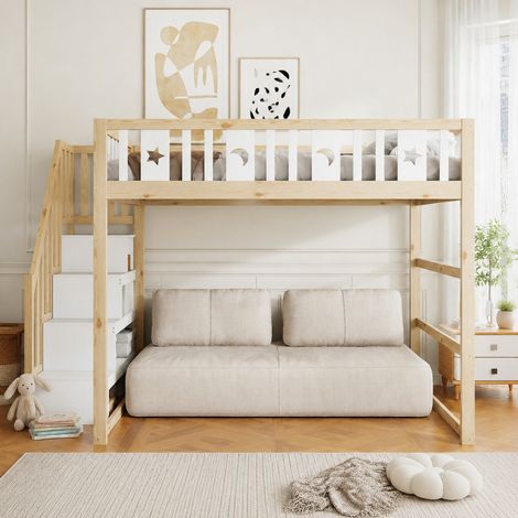 Letto a soppalco per bambini 140x200 cm con scala, contenitori, bianco/naturale, FloraGrace (1/5)