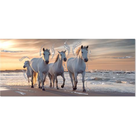 Lupia - Quadro Moderno BRILLANT con Glitter Sunset with Horses  Stampa su Tela Poliestere  Decorazione Artigianale Italiana, Arte da Parete per Soggiorno e Ufficio  52x122 cm, telaio Legno (1/4)