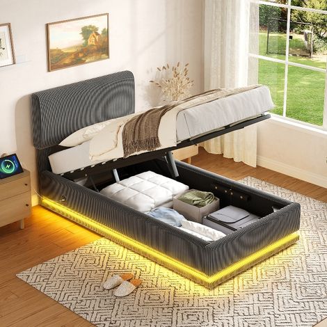 Polsterbett 90x200 grau mit Stauraum und LED-Beleuchtung, höhenverstellbares Kopfteil, USB-C, Cordstoff Einzelbett mit Lattenrost (1/5)