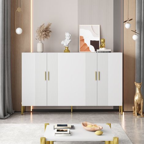 Armoire de rangement multifonctionnelle moderne, simple, blanche mate, 4 portes ouvertes et fermées, buffet de salle à manger avec décoration dorée 16035100cm (1/5)
