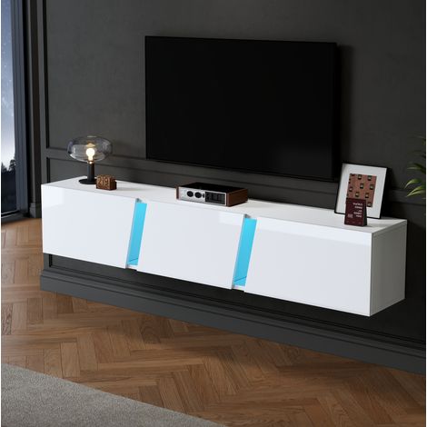 Mobile TV sospeso 180 x 35 x 30 cm con LED, 3 ante a ribalta, bianco HAVRYA (1/5)