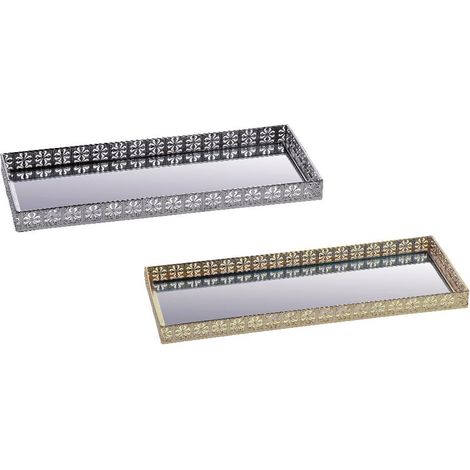 Vassoio Decorativo Casa in Metallo e Vetro Rettangolare Oro o Argento 40 x 16 cm 2 Colori (1/2)