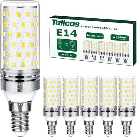 Lot de 6 Ampoules Led E14 Blanc Froid, 12W (Équivalent Halogène 100W ) Ampoule Culot Edison à vis E14 6000K 1000LM Non-Dimmable Sans Scintillement AC 220-240V pour Cristal Lustre, Lampe de table (1/5)