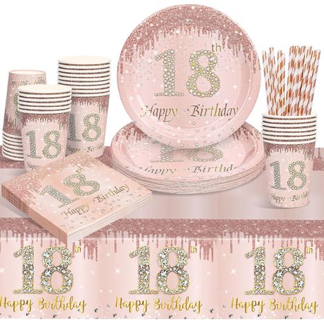 Vaisselle jetable pour anniversaire fille, 69 pièces, set et assiettes en papier, gobelets, serviettes, pailles, nappe d'anniversaire, ensemble de vaisselle pour fêtes, décoration 18e anniversaire (1/5)
