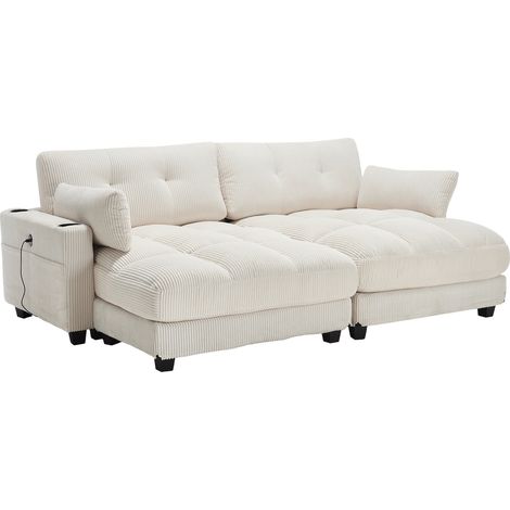Fauteuil en velours côtelé beige avec porte-gobelets et port USB, 140x112x81 cm (1/5)