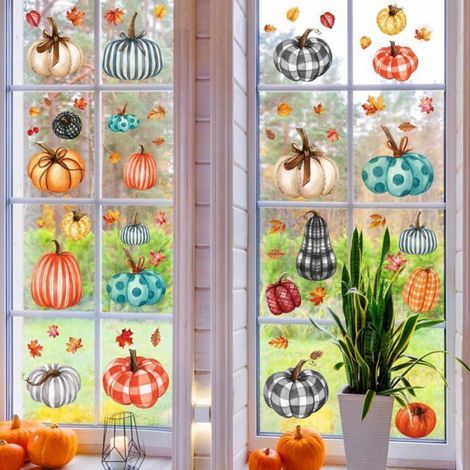 Autocollants Fenetre Automne - Citrouille Feuille Erable Pomme Pin - Decoration Thanksgiving Fete Maison - 9 Pieces (1/5)
