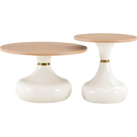 CHICFURN Set de 2 mesas de centro nido en MDF efecto piedra con veta madera clara y base metálica dorada, apilables, para salón, dormitorio o balcón (1/5)
