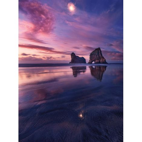 Papier peint panoramique coucher de soleil baie rochers | Tapisserie panoramique enfant rose et bleu | Papier peint panoramique plage paysage - 192 X 260 cm (4 pièces) (1/2)