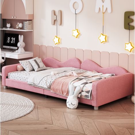 Cama infantil tapizada estilo sofá 90x200 cm, tejido teddy rosa, con cabecero, respaldo y reposabrazos, somier de láminas (1/5)
