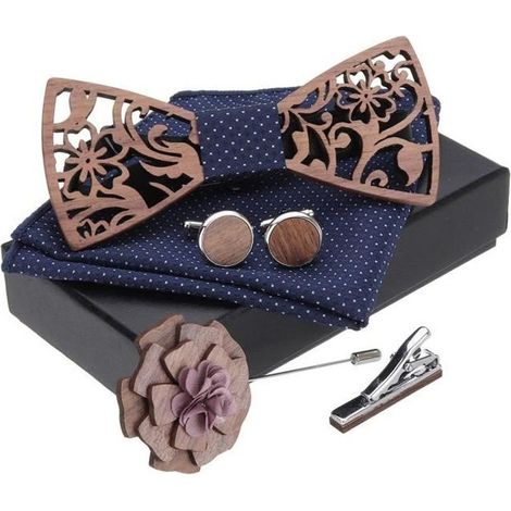 TEMPSA Ensemble Rétro Noeud Papillon - En Bois Fait Main - Anniversaire Mariage Garçons d\'honneur Cadeau 3 (1/4)