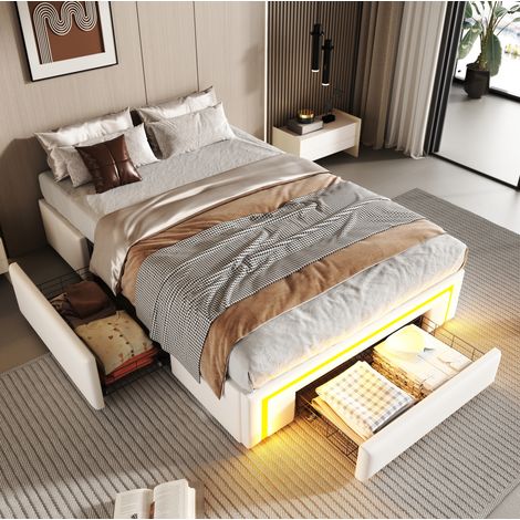 Bett 90x200 Bettgestell mit Stauraum LED Weiß OKMYHOME (1/5)
