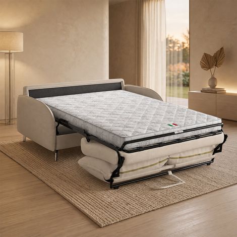 MARTINE Canapé 3 places convertible en tissu beige matelas 14 cm (1/5)