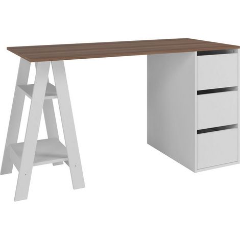 Beaux Meubles Pas Chers – Bureau droit tréteau avec caisson 3 tiroirs – Blanc et châtaignier – Longueur 135 cm, Hauteur 75 cm, Profondeur 60 cm – Bois certifié FSC (1/5)
