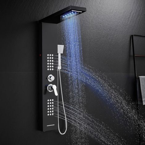Colonne de douche LED avec mixeur, 5 modes Colonne de douche : pluie et cascade, jets de massage corporel, pommeau et bec de bain, panneau de douche en acier inoxydable noir (1/5)
