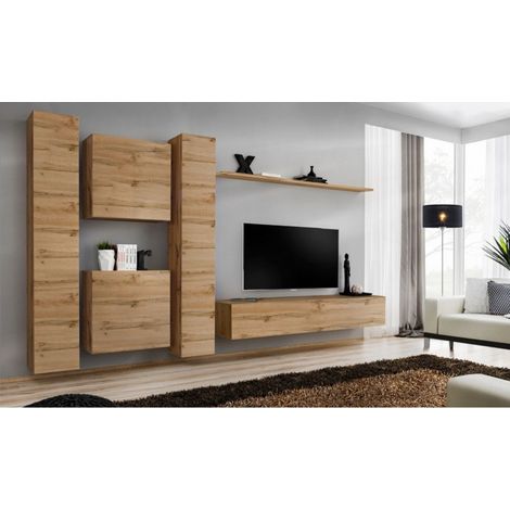 Ensemble mural - Switch VI - 2 vitrines verticales - 1 vitrine carrée - 1 banc TV - 1 étagère - Bois - Livraison gratuite