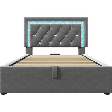 Lit rembourré 90x200 cm en velours, lit simple avec bande LED diamant dans la tête de lit, station de charge USB et Type-C, coffre de lit hydraulique avec rangement, lit moderne pour ado avec sommier (1/5)