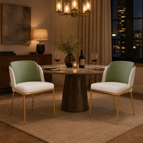 Lot de 2 chaises de salle à manger rembourrées avec dossier enveloppant et pieds réglables,piètement métal doré,vert et beige (1/5)