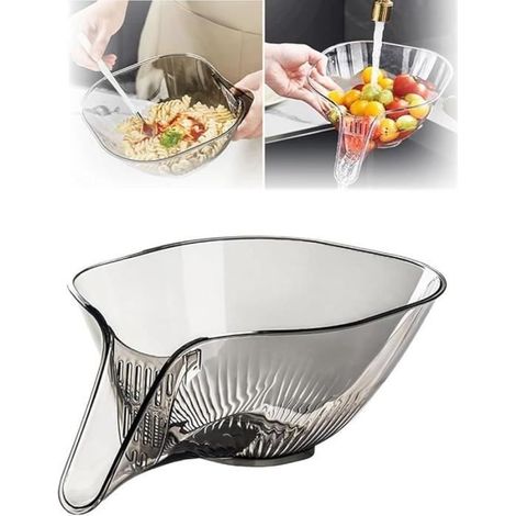 1 bol multifonctionnel, entonnoir de vidange rond en plastique gris, filtre amovible, idéal pour fruits, légumes et salades (1/4)