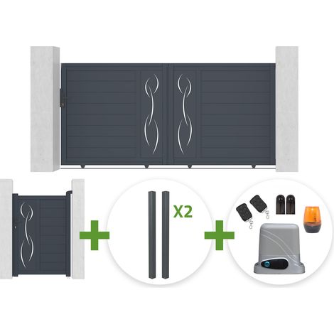 Portail coulissant 3m LIFE H.140cm gris + Portillon 1m LIFE H.140cm gris + 4 poteaux ELDA + motorisation Tanker C600 (1/5)