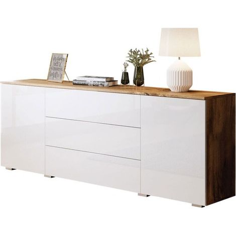 Mirjan24 – Commode Sarasota 129 – Chêne wotan et blanc brillant – 3 tiroirs – Système push to open – Dimensions 68x150x39cm