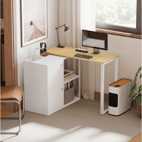 Bureau d'angle modulable 360° avec rangements, 150 x 40 x 75 cm, blanc DESVIAE (1/5)