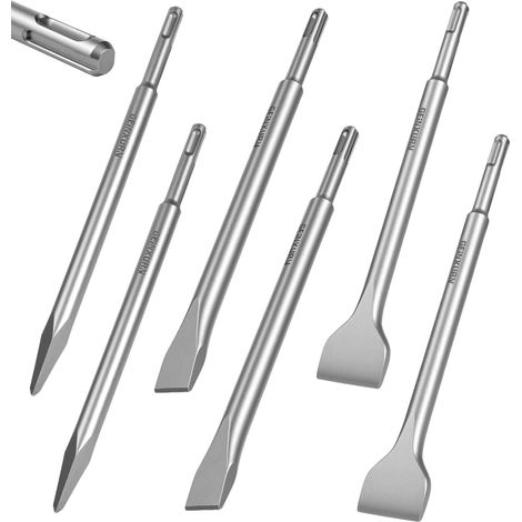 Set de 6 burins SDS-Plus, Acier 40CR, pour Marteau Perforateur - Pointe, Plat, Large - pour Béton, Maçonnerie, Carreaux, Pierre (1/5)