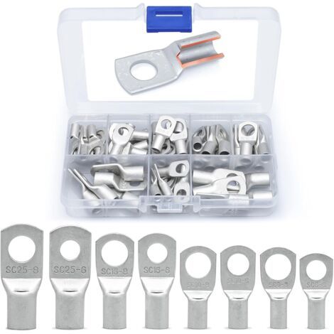 QORVA-60 Pcs Cosses Électrique Trou boulon en Cuivre Étamé Connecteurs SC à sertir/souder pour câble de 6m㎡ 8m㎡ 10m㎡ 16m㎡ 25m㎡