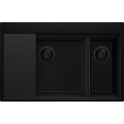 PRIMAGRAN Evier Cuisine en Granit 78x50cm,Lavabo 2 bacs + Kit de Vidage + Planche à Découper, Évier à Encastrer au meuble 80cm - Oslo Duo, Tout Noir (1/5)
