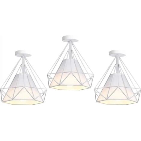 U-Do 3Pcs Plafonnier Industriel Lampe Abat - Jour Cage forme Diamant en Métal Blanc design Vintage pour Cuisine Salon Bureau (1/4)