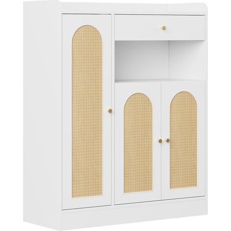 Zapatero rattan con 1 cajón, 3 puertas y estantes regulables, 90 x 35 x 110 cm, blanco y madera (1/5)