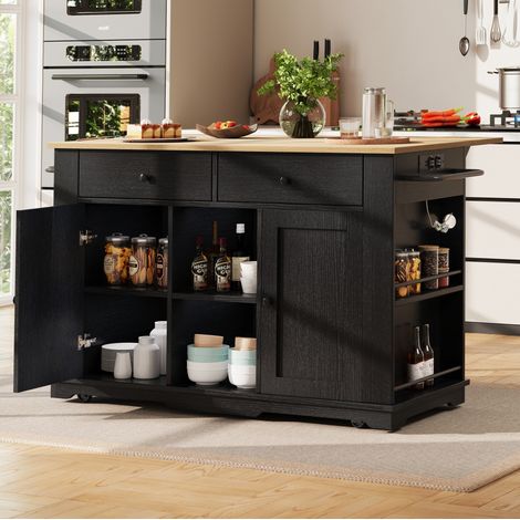 Carrito de cocina 151,5x85x92 cm con 2 puertas, 2 cajones, enchufes, bandeja plegable, toallero, especiero, en MDF, negro (1/5)