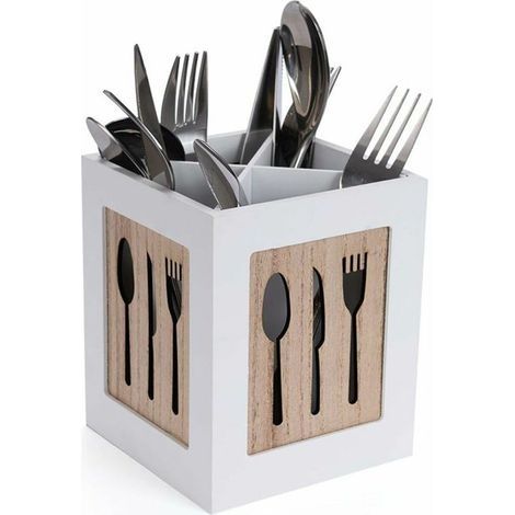 Boîte à couverts en bois - Panier à couverts pour cuillère, fourchette, couteau - Range-couverts décoratif avec motif couverts - Pour table à manger, cuisine, restaurant - Blanc (1/5)