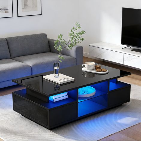 Mesa baja negra brillante 100x50x36 cm con LED, 2 cajones, estantes abiertos de vidrio, mueble de salón moderno (1/5)