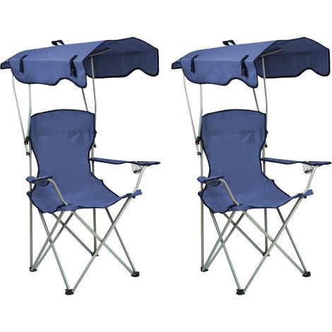 Set de 2 Silla Plegable de Playa, Silla de Camping Plegable con Toldo y Portavasos, Carga hasta 100 kg para Patio al Aire Libre Azul (1/5)