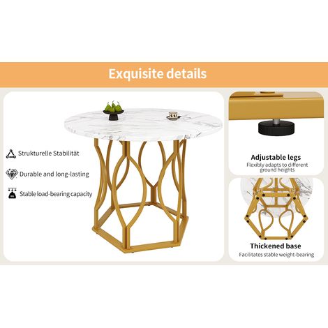 Jardinette en métal (5 pièces), jardinette avec 4 chaises, ensemble de tables à manger. Table ronde d’un diamètre de 100 cm, avec des pieds en métal doré. Plateau de table en MDF blanc. (1/5)