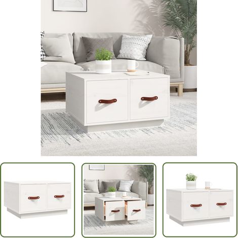 The Living Store Table basse Blanc 60x53x35 cm Bois massif de pin - Table Basse Blanche - Meuble Salle Séjour - Table D'appoint Design - Table Bois Massif - Rangement Tiroir (1/5)