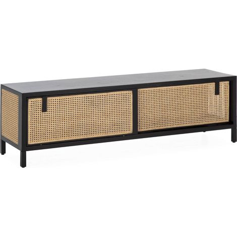 Meuble TV /Audio 160 x 42 x 48 cm Bois, Rotin - Noir, Naturel (1/4)
