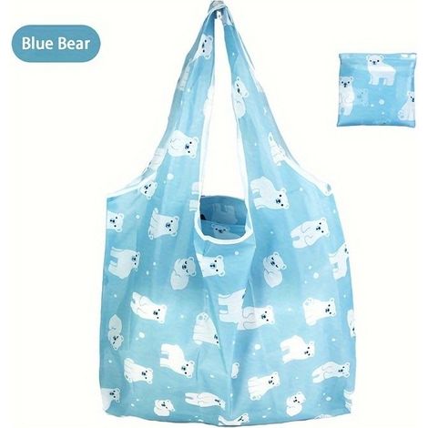 Sac à provisions pliable à motif ours bleu de grande capacité, réutilisable, capacité de charge de 10 kg (1/4)
