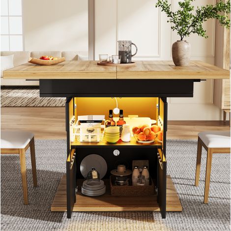 Table à manger extensible 110-140x80 cm avec rangement LED, étagère réglable, MDF métal noir effet bois (1/5)