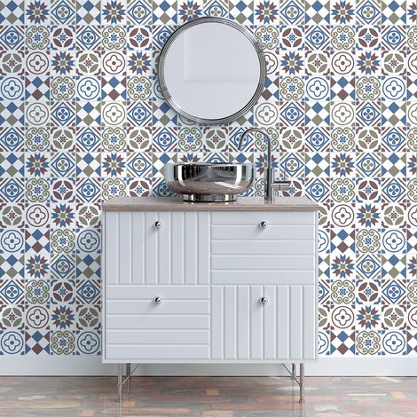 Sticker Mural Carrelage adhésif Cuisine Salle de Bain - 30 STICKERS CARREAUX DE CIMENT AZULEJOS VICTISIA - 30stickers10x10cm (1/5)
