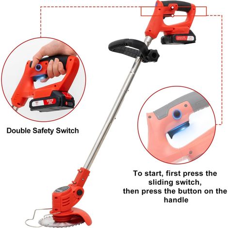 Tagliabordi elettrico senza fili, pieghevole, con 2 batterie e 4 tipi di lame, manico regolabile, ideale per rifinire giardini, prati e terreni agricoli. (1/4)