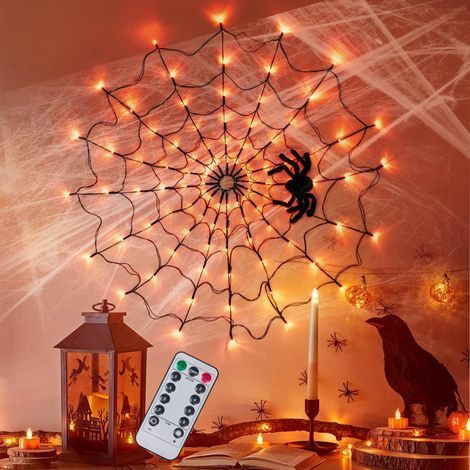 Décorations d'Halloween Lumières en forme de toile d'araignée - 1,2 m de diamètre, 96 LED avec araignée noire, lumières imperméables, télécommande, 8 modèles de décorations d'Halloween en forme de toi (1/5)