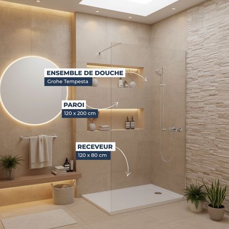 Dusch-Komplettset – Walk-In Duschwand 120x200 Chrom + Grohe Tempesta 3 Strahlarten + Gussmarmor-Duschwanne Weiß 120x80 (SAT120C)