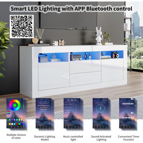 Meuble téléviseur laqué brillant 160x35x60cm, avec éclairage LED intégré, 3 niches ouvertes, 2 portes, 2 tiroirs, commande par application, pour écran 70 pouces