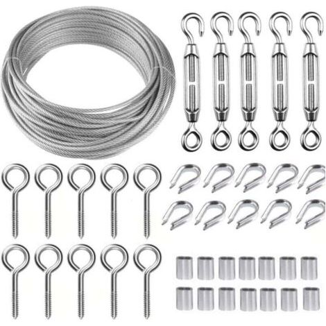 Corde en Acier Inoxydable à Suspendre Kit,30M/2mm Câble en Acier Inoxydable Revêtu avec M5 Tendeurs,Kit Cable Métallique 2mm pour Plantes Grimpante,Corde a linge,Rambarde,Cable de Garde Corps