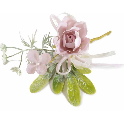 Rose pick / chiudipacco con fiorellini artificiali e nastrino con fiocco, set da 16 pezzi, cm 10 H (con gambo 15)