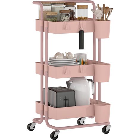 Beyamis Zusätzlicher Wagen mit Rollen, multifunktionaler Aufbewahrungswagen mit Haken und Hängeboxen, 42 x 38 x 86,5 cm, Rosa