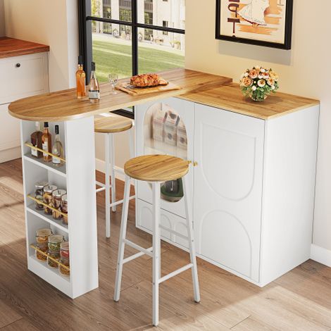 Ensemble bar de cuisine avec îlot central et 2 tabourets hauts, meuble de rangement avec portes vitrées, étagères réglables et grand plateau pour cuisine et salle à manger (1/5)